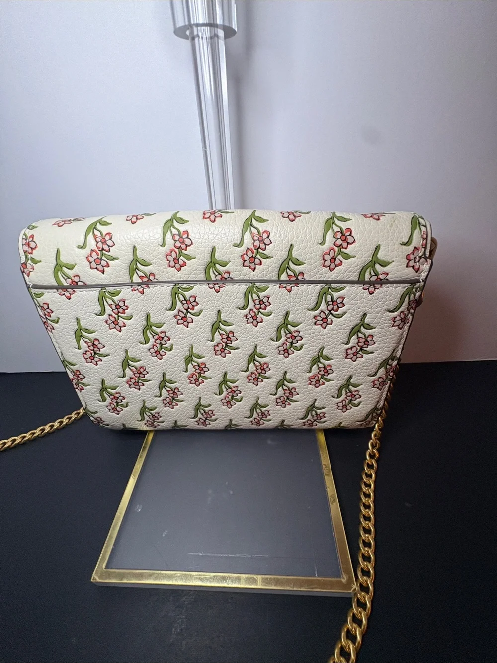Tory Burch Cream Floral Leather Crossbody with Pink and Green Print & Gold Chain